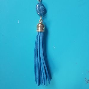 Dark blue leather tassel & stone necklace